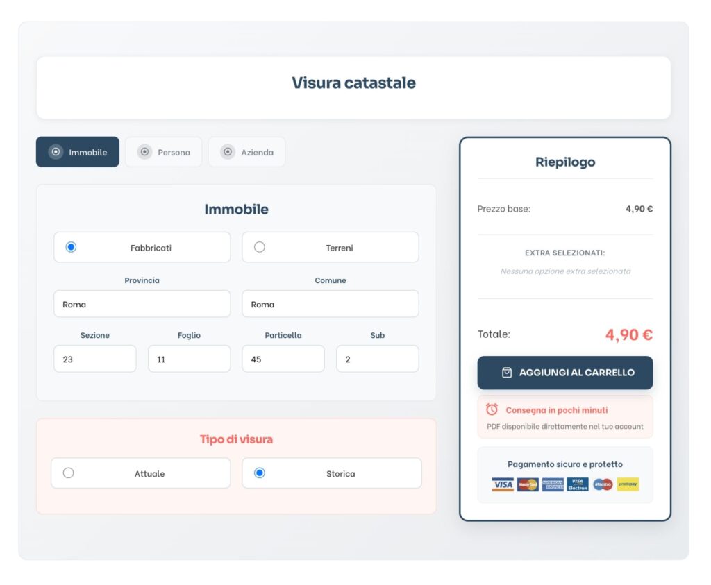 Vuoi sapere a chi era intestato un immobile in precedenza? Richiedi la visura storica e ricevi velocemente il documento online al prezzo migliore del web. 