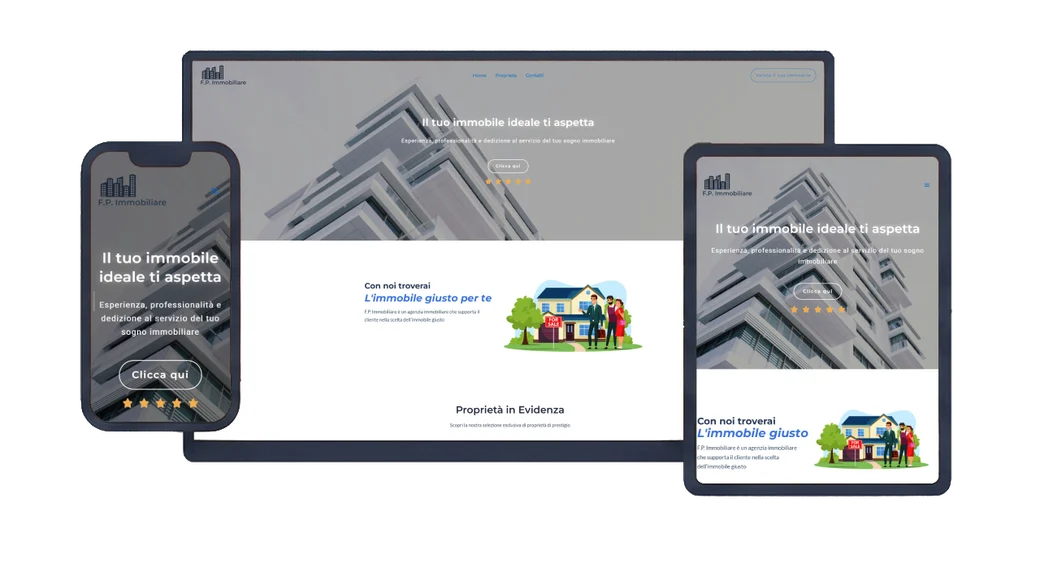 Esempio illustrativo di sito immobiliare Aggiudicato su computer, tablet e telefono.